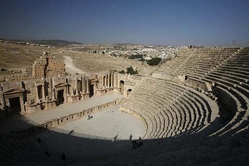 the Roman Theater in Roman Ruins of Jerash in the north of Amann in Jordan in the middle east.