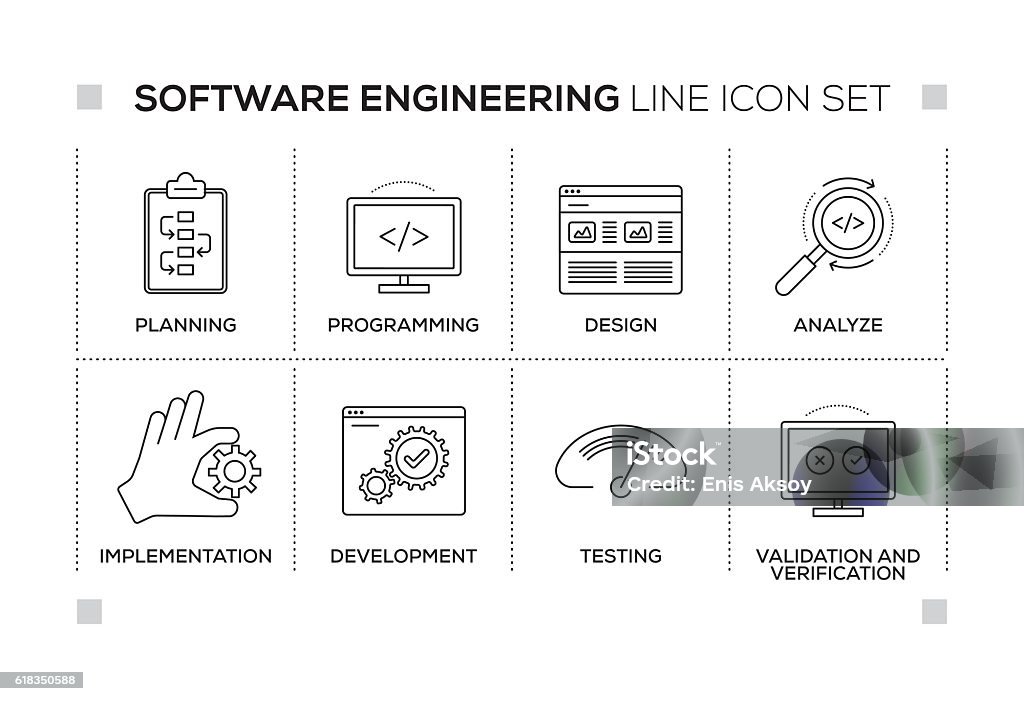 Software Engineering keywords with monochrome line icons Software Engineering chart with keywords and monochrome line icons Development stock vector