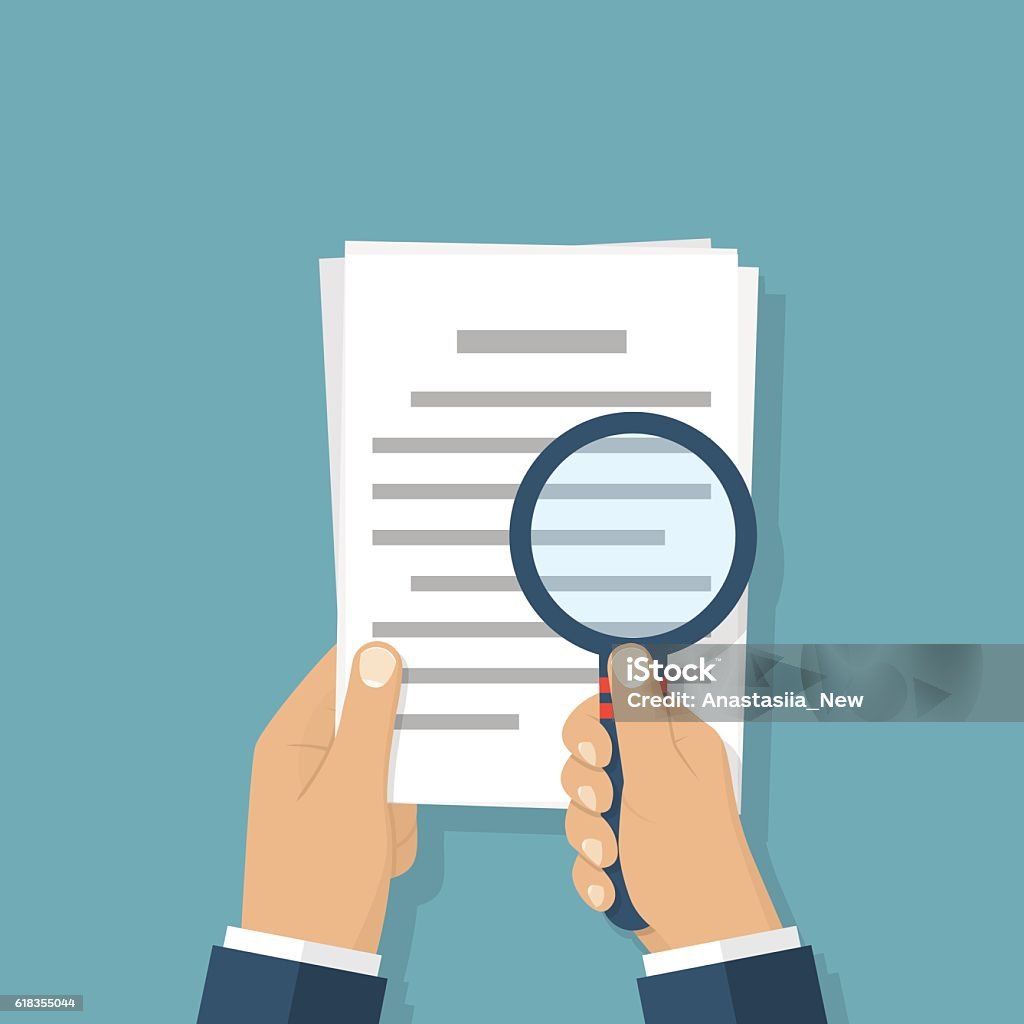 Magnifier and paper document Hand holding magnifier and paper document. Business concept. Reading, viewing and studying documents. Search for information. Vector illustration flat design. Document stock vector