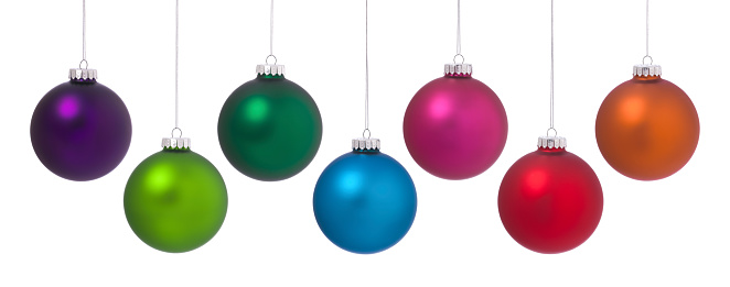 Christmas Colorful Baubles Ornaments Hanging in a Row isolated on white