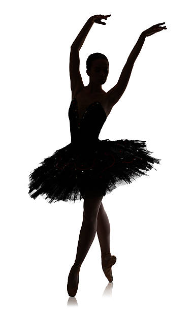 ballerina silhouette macht ballett position pirouette vor weißem hintergrund, isoliert - ballet dress studio shot costume stock-fotos und bilder