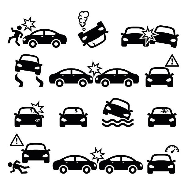 Road accident, car crash, personal injury vector icons set Driver crushing car on road, auto wreck icons set isolated on white  broken car stock illustrations