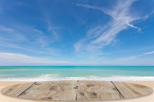 istock wooden floor with beautiful blue sky scenery for background. 618358340