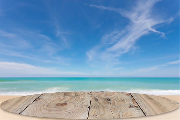 istock wooden floor with beautiful blue sky scenery for background. 618358494