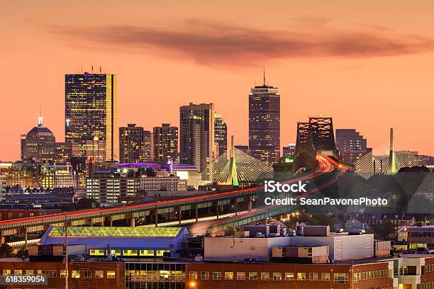 Boston Massachusetts Skyline Stock Photo - Download Image Now - Boston - Massachusetts, Leonard P. Zakim Bunker Hill Bridge, Highway