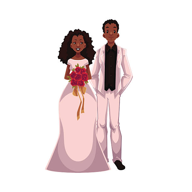 African American just married couple, black bride and groom African American just married couple, bride and groom, cartoon vector illustration isolated on white background. Black bride and groom in fashionable clothing getting married african bride and groom stock illustrations