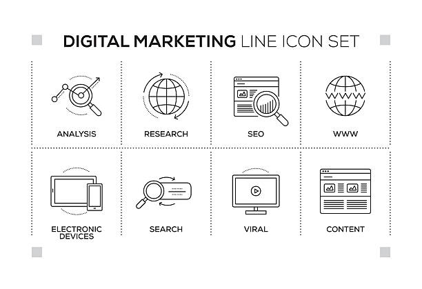 Digital Marketing keywords with monochrome line icons Digital Marketing chart with keywords and monochrome line icons website infographics stock illustrations