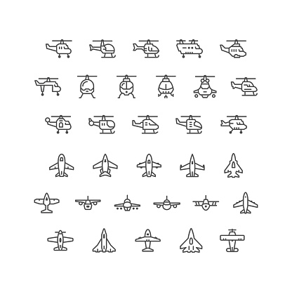 Set line icons of helicopters and planes isolated on white. This illustration - EPS10 vector file.