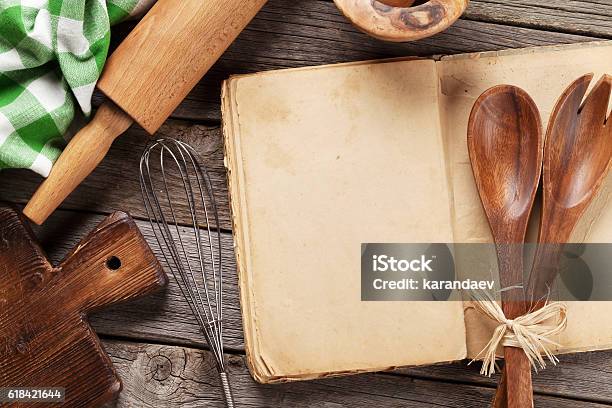 Blank Vintage Recipe Cooking Book And Utensils Stock Photo - Download Image Now - Recipe, Cookbook, Book