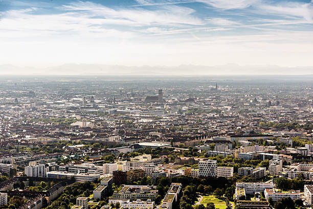 arial view over munich with Frauenkirche in morning light