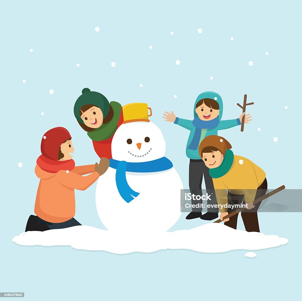 Kids Building a Snowman Kids Building a Snowman. Illustrator EPS 10 Making a Snowman stock vector