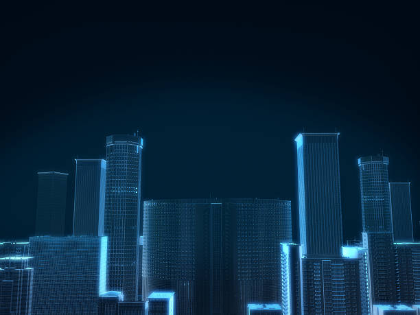 istock 3D render of city x-ray blue transparent on dark background. 618428652