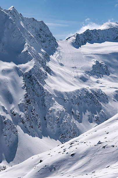 Ski area on Rettenbach Glacier, Solden, Austria Ski lift, run and piste on Rettenbach Glacier in Solden ski resort in Otztal Alps in Tirol, Austria rettenbach glacier stock pictures, royalty-free photos & images