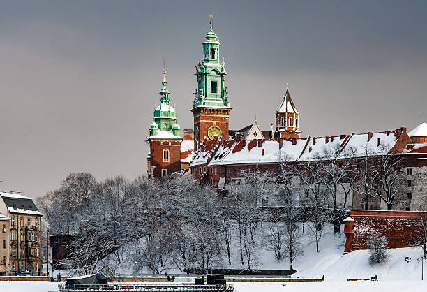 wawel cathedral towers in cracow, poland - church gothic style cathedral dark imagens e fotografias de stock
