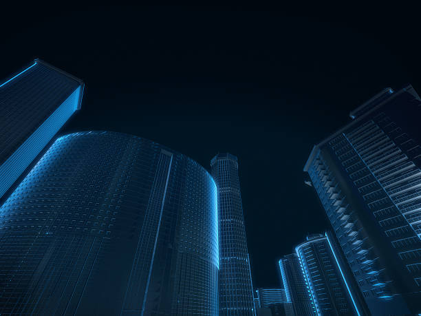 istock 3D render of city x-ray blue transparent on dark background. 618429312