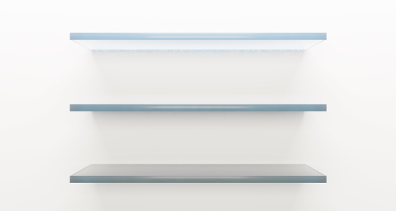 Glass shelf on white tile wall background - can be used for display or montage your productsa. Perspective view