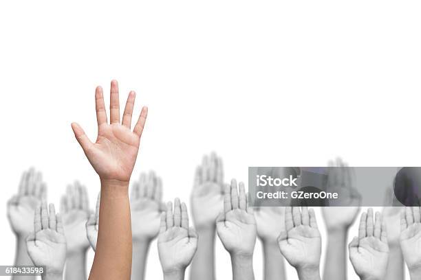 Business Crowd Raising Hands Many Hands Raise High Up Stock Photo - Download Image Now