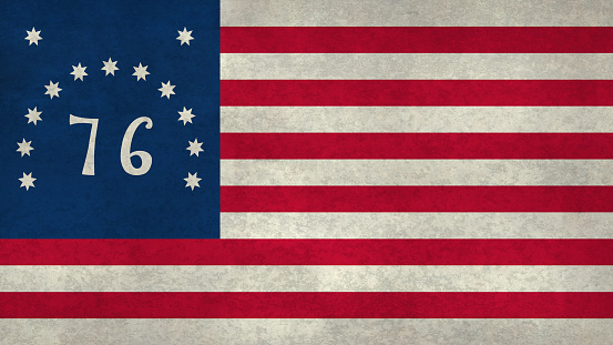 Historic American national flag, the 1776 Bennington flag with grungy worn distressed textures