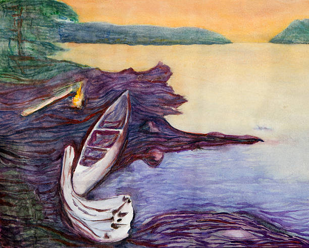 Watercolor painting of Canoe near water stock photo