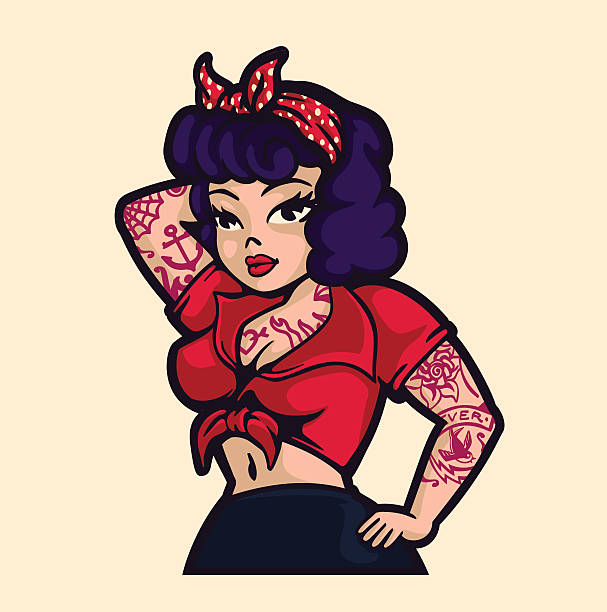 Retro rockabilly pin-up woman posing cartoon vector illustration Vintage rockabilly pin-up woman posing with vintage clothes and tattoos cartoon vector illustration vintage pin up girl tattoo stock illustrations