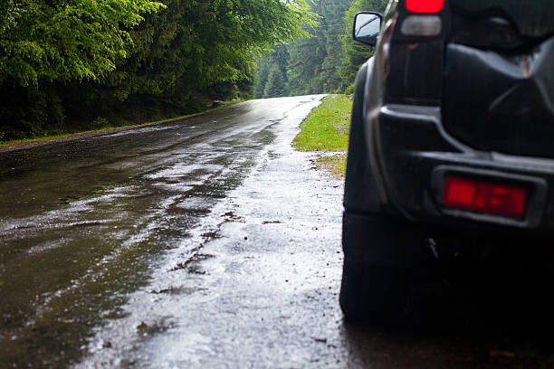 istock Car and wet road in summer forest 618438520