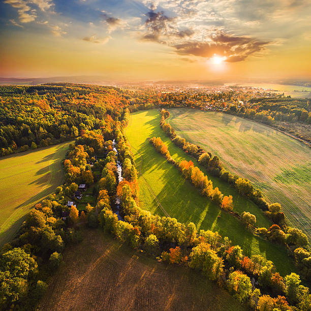 Beautiful sunset over The Radbuza river. Beautiful sunset over The Radbuza river. Autumn in western Bohemia. Aerial view to scenic landscape in Czech Republic, Central Europe. HDR (warm filtered) photography. pilsen stock pictures, royalty-free photos & images