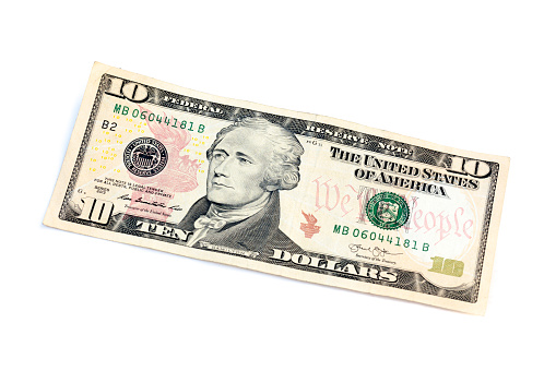 10 Dollar Bill on a White Background