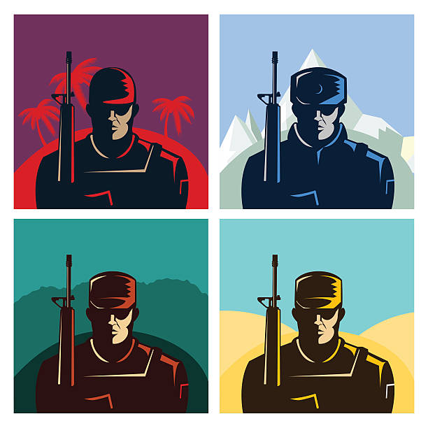 Soldier badges or avatars set. Silhouette with rifle. Vector flat Soldier badges or avatars set. Silhouette with rifle. Vector flat design. Marine in different countries special forces vietnam stock illustrations