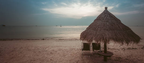 istock Beach reed parasol in sunset on the beach 618445426
