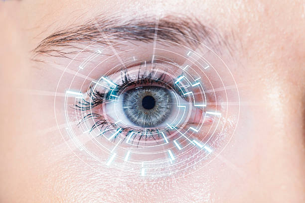 istock Close-up of woman's blue eye. High Technologies 618450126
