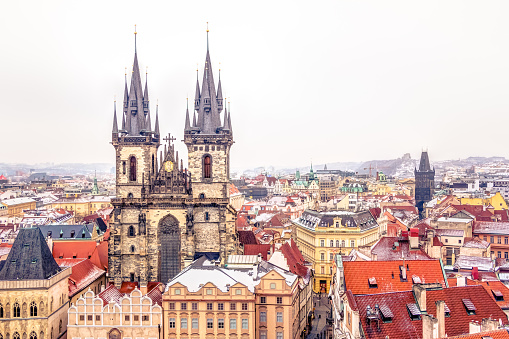 Aerial view of Prague old town in winter