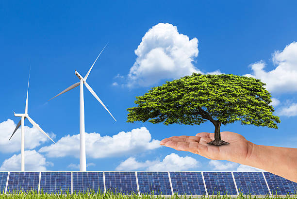 istock hand holding green tree with photovoltaics and wind turbines 618453622
