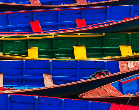 colorful boats on the docks like background at Fewa lake in Pokhara,Nepal