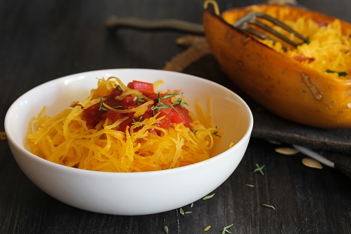 Pasta with Spaghetti squash / Spaghetti squash pasta served in a bowl, selective focus