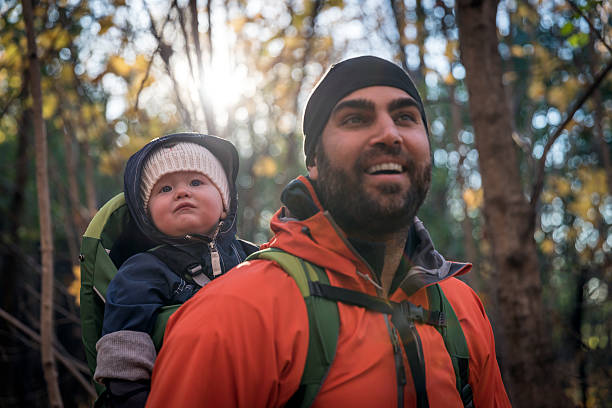 istock Father Backpacking Hiking with Baby in Forest 618456504