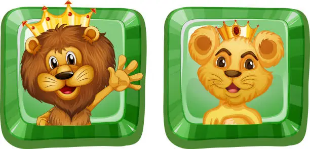 Vector illustration of Lion and lioness on square badges