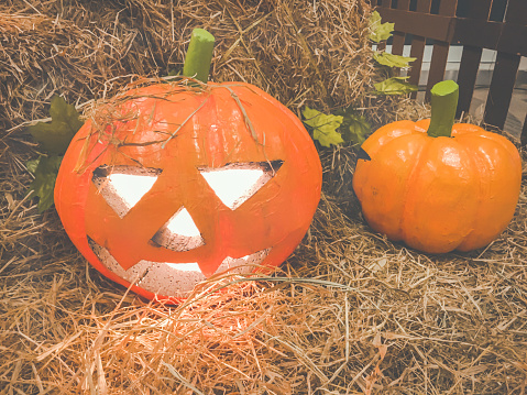 Halloween pumpkin with hay background