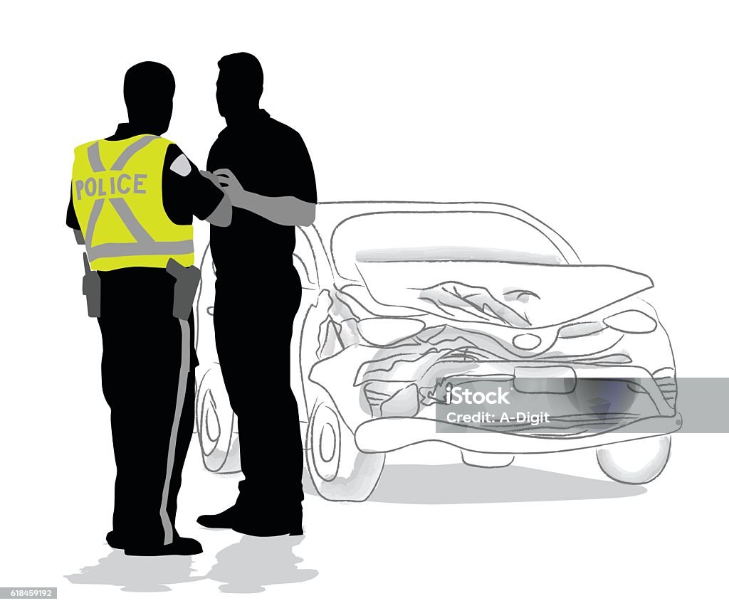 Car Accident Police Questions A vector silhouette illustration of a police officer talking to a man, investigating a car crash.  The car has a smashed up front end and is drawn in pencil. Car Accident stock vector