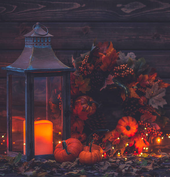istock Luxurious still life arrangement for Thanksgiving with lantern and wreath 618462406
