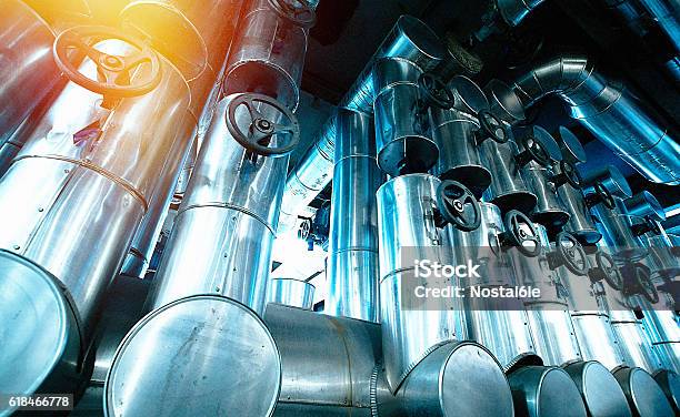 Industrial Zone Steel Pipelines And Cables In Blue Tones Stock Photo - Download Image Now