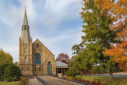 Facade of St. Paul's Lutheran Church in the evening in Hahndorf, South Australia during Autumn season