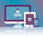 istock Computer, tablet, phone with protected online data. Information security concept. 618513210