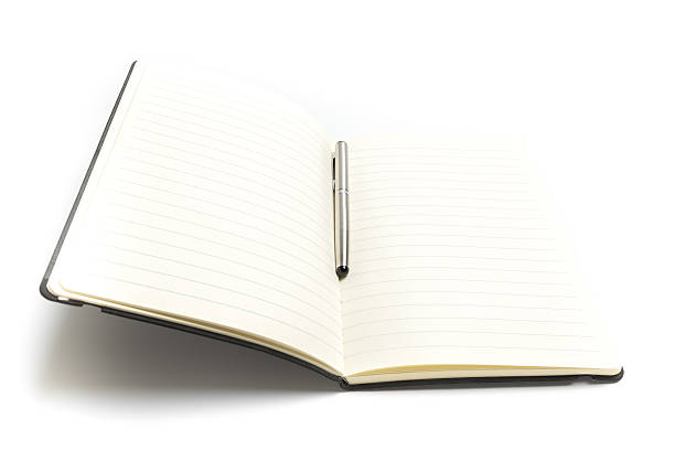 istock Blank book or planner open with a pen isolated 618517588