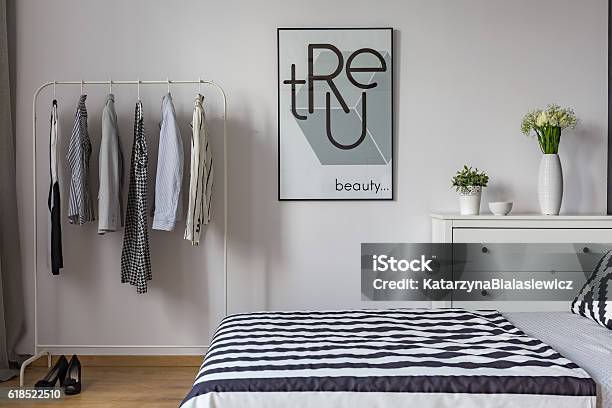 Black And White Bedroom Stock Photo - Download Image Now - Clothes Rack, Bedroom, Domestic Room