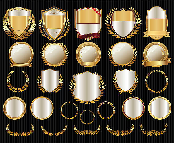 ilustraciones, imágenes clip art, dibujos animados e iconos de stock de escudos de oro coronas de laurel y colección de insignias - frame ornate old fashioned shield