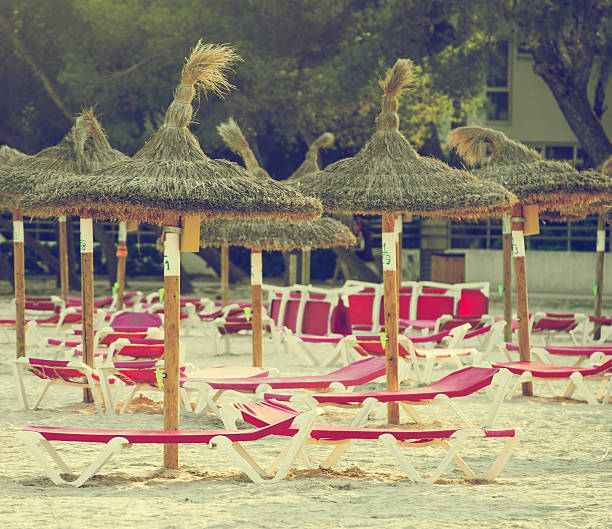 istock Plenty of sun loungers on the beach. 618526042