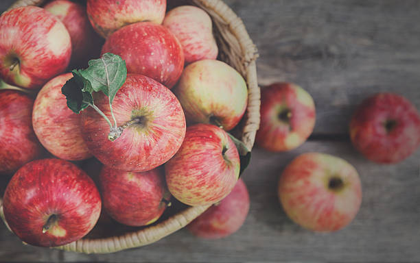 istock Basket with apples harvest in garden, top view 618526352