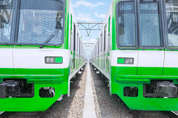istock Two electric trains with green and white colour 618528646
