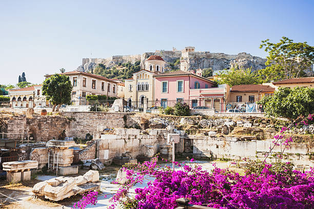 ancient greek street, plaka district, athens - athens stockfoto's en -beelden