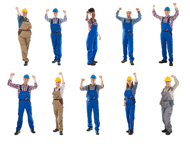 collage of construction workers raising arms - manual worker full length isolated on white standing imagens e fotografias de stock